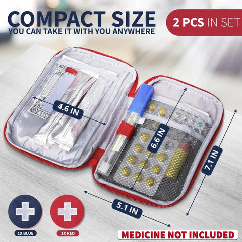 Inside view of Two Pack Grab And Go Travel First Aid Bag Set With Zippered Compartments, showing its organized storage layout.