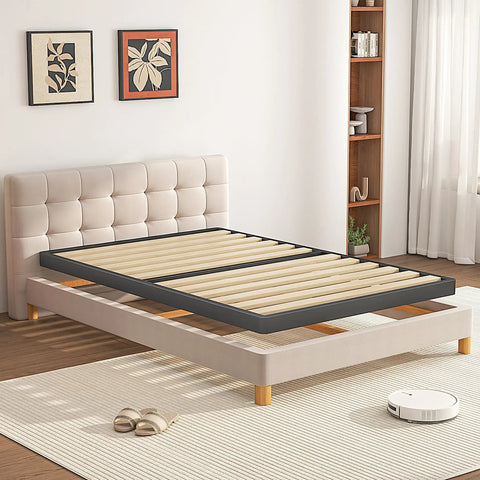 Twin Size Sag Proof Box Spring With Smooth Wooden Slats And Soft Rounded Corners shown in a modern bedroom setting.