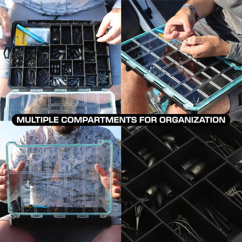 BallistiX Terminal Tackle Tray With Waterproof Gasket Clear Lid And One Hand Latch showing multiple compartments for organization