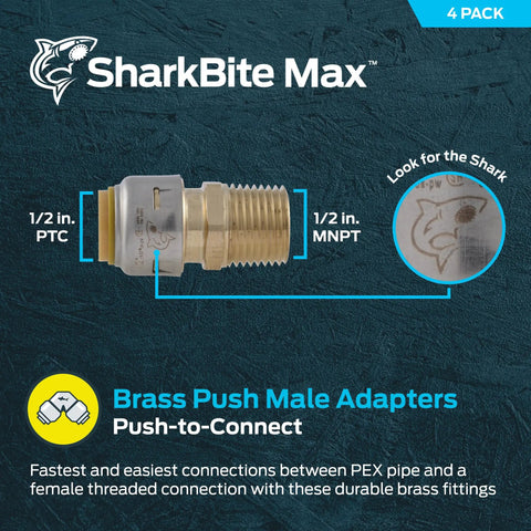 One Half Inch MNPT Push To Connect Brass Adapter Pack Of 4 For PEX Copper CPVC PE RT HDPE Piping No Soldering Needed, product label.