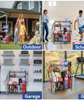 Garage Gear Sports Organizer With Hooks And Bins in various settings, showing large capacity ball storage rack, hooks, and bins.