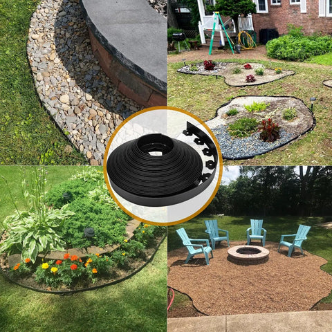 Collage showing 2 Inch 100 Ft Landscape Edging Kit With 150 Anchoring Spikes and garden setups with flower beds and pathways.
