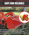 Bull Tough 2 Piece Tractor Bucket Grab Hooks With Half Inch D Ring Shackles And Reinforced Mount Plate For Loader Chain Riggin Up Heavy Loads Yard Work Gold And Red mounted on tractor bucket.