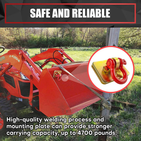 Bull Tough 2 Piece Tractor Bucket Grab Hooks With Half Inch D Ring Shackles And Reinforced Mount Plate For Loader Chain Riggin Up Heavy Loads Yard Work Gold And Red mounted on tractor bucket.