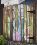 Wooden fence gate with colorful graffiti featuring 10 Inch T Strap Heavy Duty Door Hinges Black Tee Hinge For Wood Fences Gardens Barn
