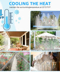 Diagram showing Beat The Heat Outdoor Misting System Kit 75 Ft Misting Line With 23 Nozzles in backyard, porch, garden, and corral.