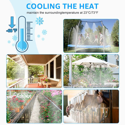 Diagram showing Beat The Heat Outdoor Misting System Kit 75 Ft Misting Line With 23 Nozzles in backyard, porch, garden, and corral.