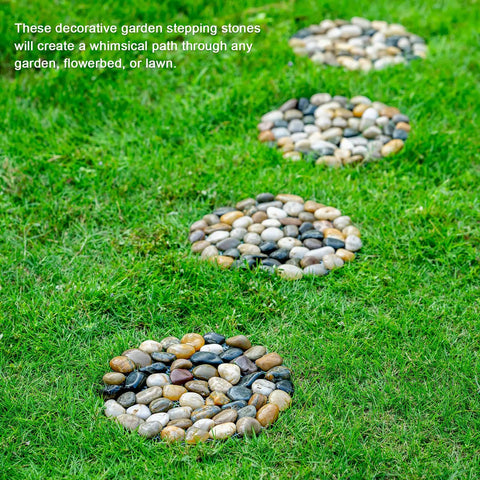 Polished River Rock Stepping Stones For Garden Pathway With Mesh Backing Nine Inch Pebble Paver Mats on grass