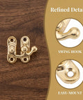 Old School Antique Style Hasps And Latches Set for cabinets, gold finish swing hook latch on wood surface with details