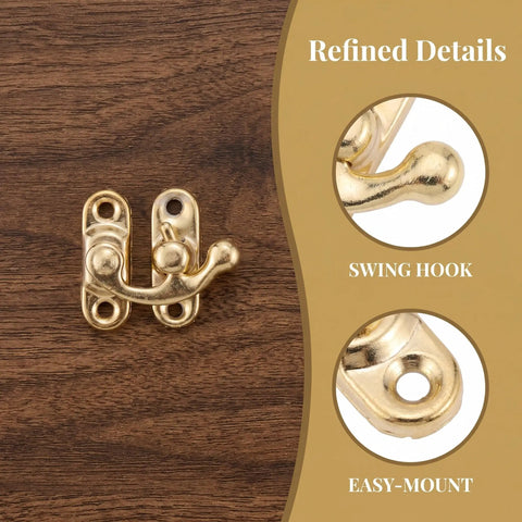 Old School Antique Style Hasps And Latches Set for cabinets, gold finish swing hook latch on wood surface with details