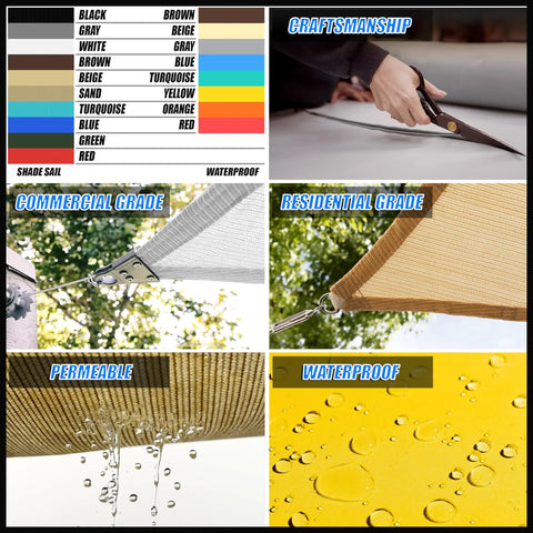 Beige Triangle Sun Shade Sail Canopy For Patio Outdoor Space Heavy Duty Build With UPF50 Plus UV Blockage And 95 Percent UV Shield Water And Air Permeable Custom Size Available details including fabric colors, craftsmanship, and waterproof properties.