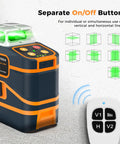 Game Changing Ultra Bright Green Laser Level 3x360 Self Leveling For Construction And Picture Hanging With 1x360 Horizontal And 2x360 Vertical Lines, IP54 Durable, Pinpoint Accuracy 1/9 Inch At 33 Feet, Six Line Modes For Indoor Or Outdoor Projects. Green 3x360 laser level with remote and line mode icons