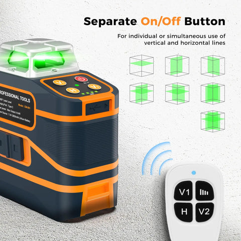 Game Changing Ultra Bright Green Laser Level 3x360 Self Leveling For Construction And Picture Hanging With 1x360 Horizontal And 2x360 Vertical Lines, IP54 Durable, Pinpoint Accuracy 1/9 Inch At 33 Feet, Six Line Modes For Indoor Or Outdoor Projects. Green 3x360 laser level with remote and line mode icons