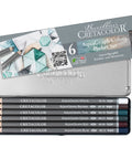 Water-Soluble Graphite Pencils Set With Aquarelle Finish, Six HB Pencils In White, Brown, Teal, Green, Red, And Blue