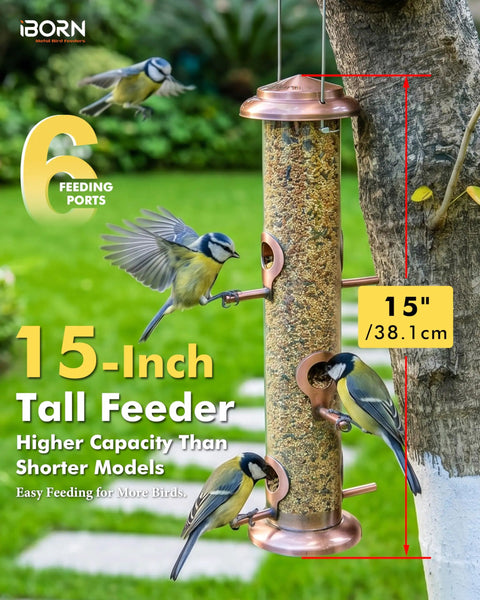 All Metal Brushed Copper Bird Feeder With Six Feeding Ports For Outdoor Hanging 15 Inch Backyard Wild Bird Feeder