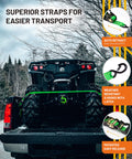 Beefy Retractable Ratchet Tie-Down Straps With 5,000 Lbs Breaking Strength securing an ATV on a truck bed.