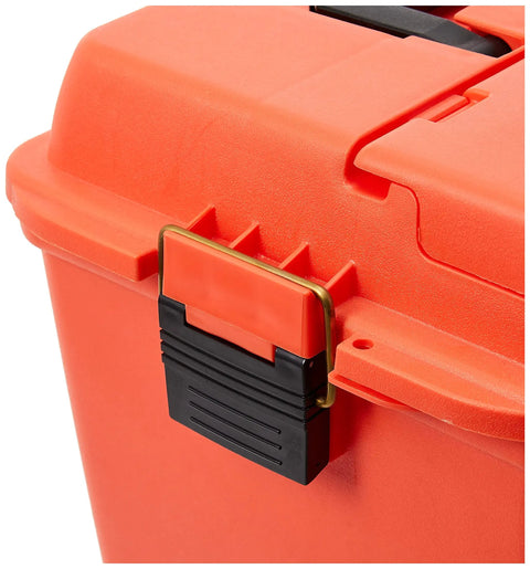Close-up of orange Extra Large Dry Storage Box With Tray, showing durable black latch for weatherproof organizer use.