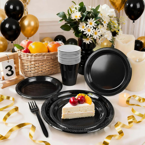 Fresh Black Disposable Plates 350 Piece Heavy Duty Food Grade Plastic Party Essentials For Weekend Ragers And Halloween Parties dinnerware with cake and decor