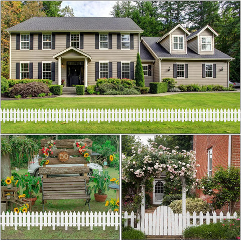 Six Piece White Garden Fence Set With Six Fence Inserts, Plastic Picket Edging installed around lawns and gardens