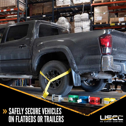 Side Mount Wheel Nets With Ratchets And Flat Hooks, Beefy 4 Pack Lasso Tie Down Straps securing truck on flatbed