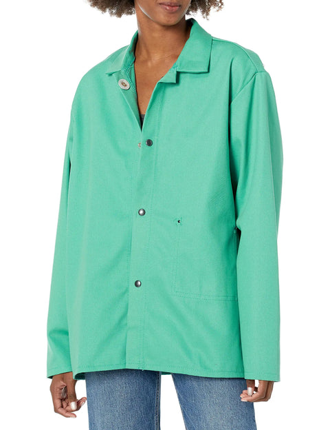 SparkGuard Flame Resistant Welding Jacket For Men Green 12 Oz Cotton Sateen ASTM D6413 Certified