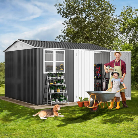10 By 10 Ft Outdoor Metal Storage Shed With Windows Waterproof Build Lockable Doors And Sloped Roof For Patio Backyard Lawn Tool Storage Or Bike Shed Pet Shelter Or Greenhouse In Gray And White
