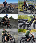 Heavy Duty Adult Electric Bike Cranks Out 5600 W Peak Power And Hits 50 Mph Quick While The Massive 80 Ah Battery Pushes You Up To 250 Miles Per Charge With Full Suspension And Gnarly Fat Tires Built Tough, rider on terrain.