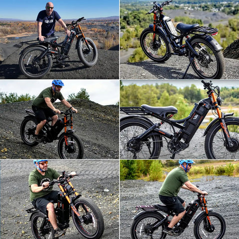 Heavy Duty Adult Electric Bike Cranks Out 5600 W Peak Power And Hits 50 Mph Quick While The Massive 80 Ah Battery Pushes You Up To 250 Miles Per Charge With Full Suspension And Gnarly Fat Tires Built Tough, rider on terrain.