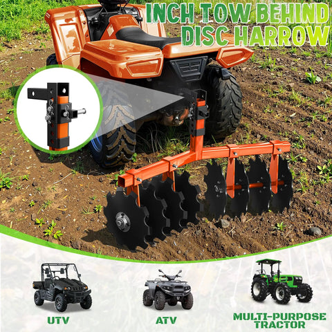 Tow Behind 32 Inch Disc Plow Harrow Attachment For ATV UTV And Garden Tractors Fits 2 Inch Receiver Hitch Adjustable Height
