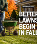 Premium Kentucky 31 Tall Fescue Grass Seed To Build A Badass Drought Resistant Lawn That Powers Through Heavy Foot Traffic and Thrives In Full Sun To Medium Shade For Quick Germination Inside A 7 Lb Bag, shown being spread in autumn.
