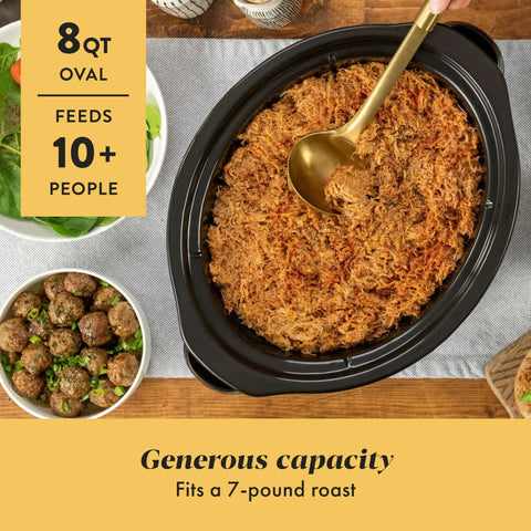 8-Quart Go-To Programmable Slow Cooker With Auto Warm, Digital Timer, Easy Cleanup in Black Stainless Steel, serving roast for 10+