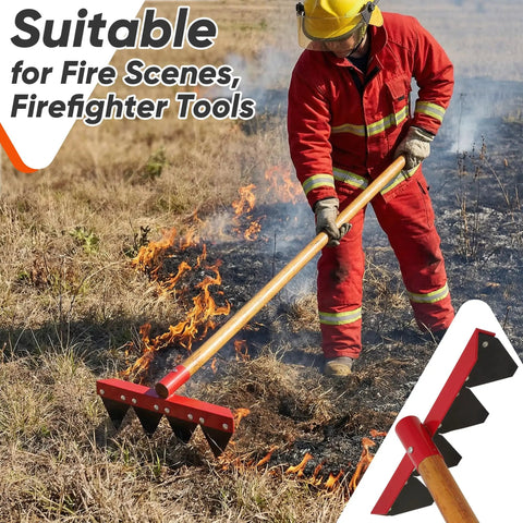 Firefighter using 55 Inch Fire Rake With Locust Wood Handle, Heavy Duty Wildland Firefighting Tool, 12.2 Inch Wide Head And 3.15 Inch Thick Rake Head