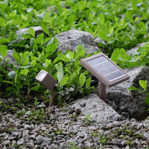 Twin Solar Spotlight Set With Warm White 3000K LED Waterproof Outdoor Garden Yard Pathway Lights Dimmable nestled among rocks and greenery.