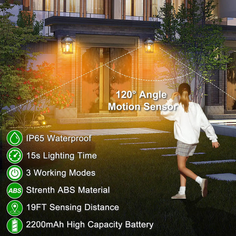 Two Pack Solar Wall Lanterns Outdoor With Three Modes Dusk To Dawn Motion Sensor LED Sconce Lights IP65 Waterproof