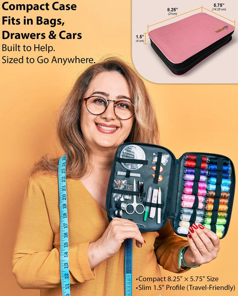 Woman holding a pink sewing kit for quick fixes and DIY projects; includes needles, threads, scissors, and pins, compact travel size.