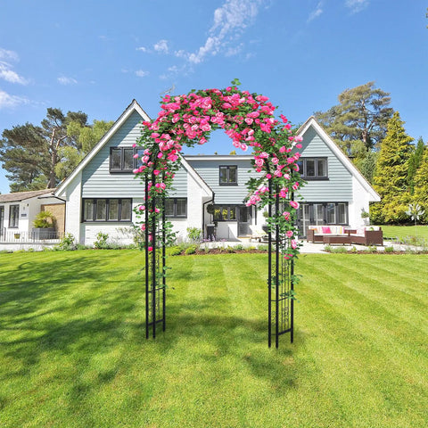 88 Inch Steel Garden Arch Arbor Trellis For Climbing Plants Outdoor Yard Garden Black Metal Lattice Arch Perfect For Weddings Backdrops And Patio Decor Go To Yard Art with pink flowers in front of a house