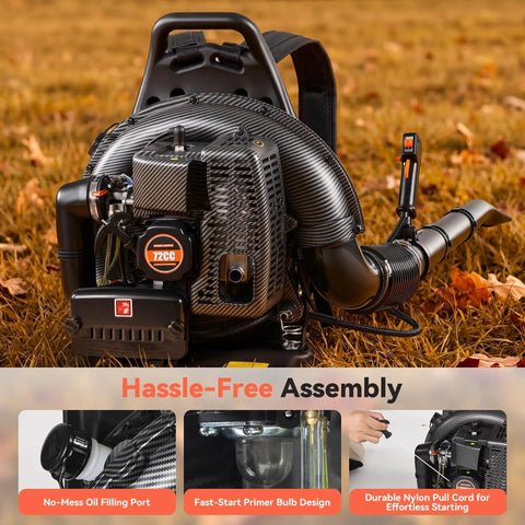 Heavy Duty 72cc Gas Power Backpack Leaf Blower With 230 MPH 760 CFM Adjustable Speed on grass with features inset images