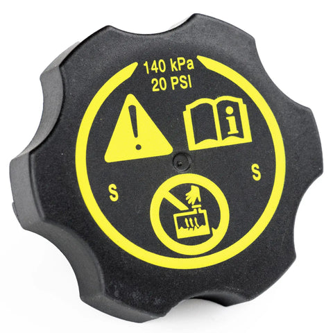 Universal Coolant Reservoir Cap For Chevy GMC Buick Cadillac Cars And Trucks Ride Ready Fits Silverado 1500 2500 3500 Express Avalanche Suburban Savana Sierra Yukon Equinox Malibu Cavalier Captiva And More Radiator Surge Tank Cap showing top view with warning symbol and pressure rating