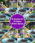 Solar Fountain Kit For Bird Bath And Garden Pond With 3.5W Panel, 2000mAh Battery, 8 Nozzles displayed creating various sprays