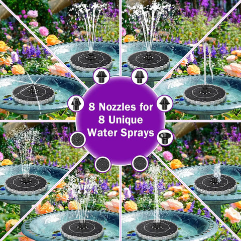Solar Fountain Kit For Bird Bath And Garden Pond With 3.5W Panel, 2000mAh Battery, 8 Nozzles displayed creating various sprays