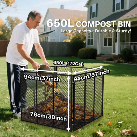 Massive 172 Gallon Metal Wire Mesh Compost Bin For Outdoor Use With Waterproof Rust Proof Coating shown in garden setting