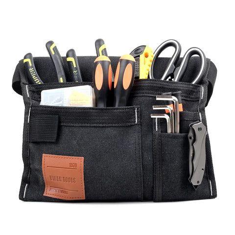 Front view of Six Pocket Tool Belt Pouch For Carpenters And Gardeners With Adjustable Waist Belt Durable Canvas Nylon Construction