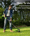 No Wiring Worries 24v Cordless String Trimmer Equipped With Brushless Motor And Fifteen Inch Wide Cutting Deck bump feed in use.