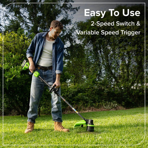 No Wiring Worries 24v Cordless String Trimmer Equipped With Brushless Motor And Fifteen Inch Wide Cutting Deck bump feed in use.