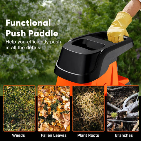 Functional push paddle of Beast Mode Wood Chipper Shredder For Yard Cleanup With 1800W Motor And 1.77 Inch Cut, shows debris types