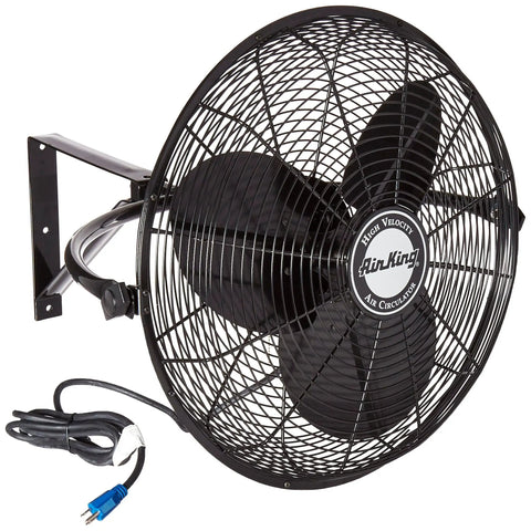 Industrial Grade Wall Mount Fan 20 Inch Black One Sixth Horsepower Three Speed 120 Volt Heavy Duty with power cord visible