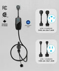 Level 2 EV Charger 7.6kW Plug-and-Play Home Charger With Dual Voltage 120V/240V, 22 ft cable, showing plugs and certifications.