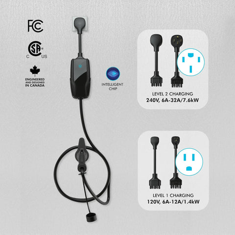 Level 2 EV Charger 7.6kW Plug-and-Play Home Charger With Dual Voltage 120V/240V, 22 ft cable, showing plugs and certifications.