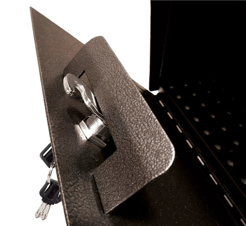 Close-up of the lock and anti-pry latch on the 7164 Metro Bronze High Capacity Wall Mounted Locking Mailbox with keys visible.