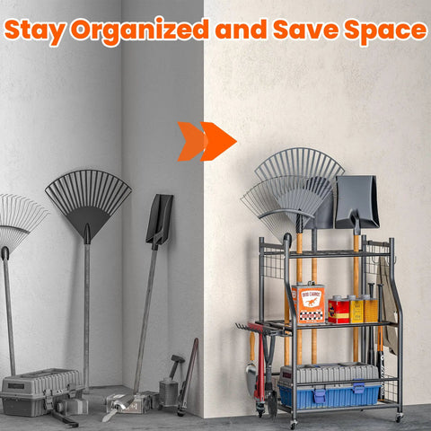 Garden Tool Organizer And Storage Stand With Lockable Wheels For Garage Shed Indoor Outdoor Use Multi Slot Shelves And Hooks